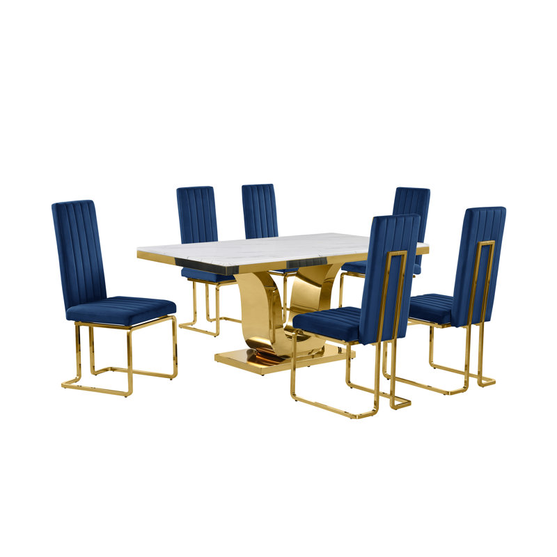 Ensemble de salle à manger rectangulaire en marbre blanc L 66 po x l 38 po Zekiah, Bleu marine, 7