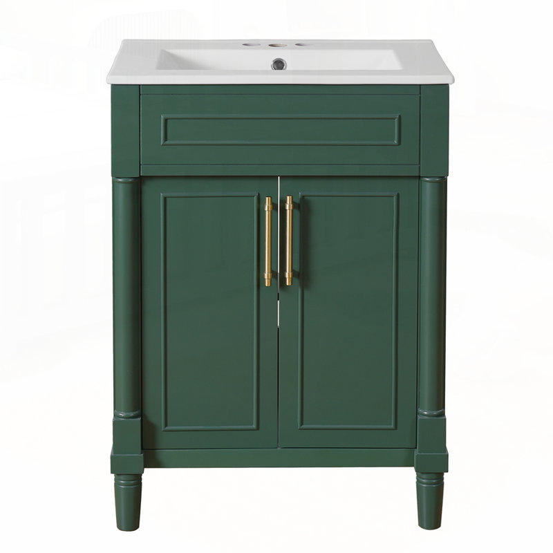 Meuble-lavabo élégant avec lavabo en céramique intégré et grand espace de rangement, Vert