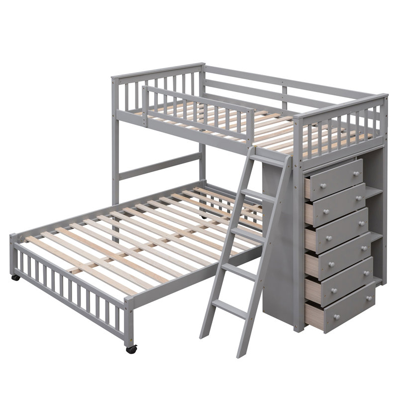 Lit superposé en bois avec 6 tiroirs et tablettes flexibles, lit inférieur avec roulettes, Gris
