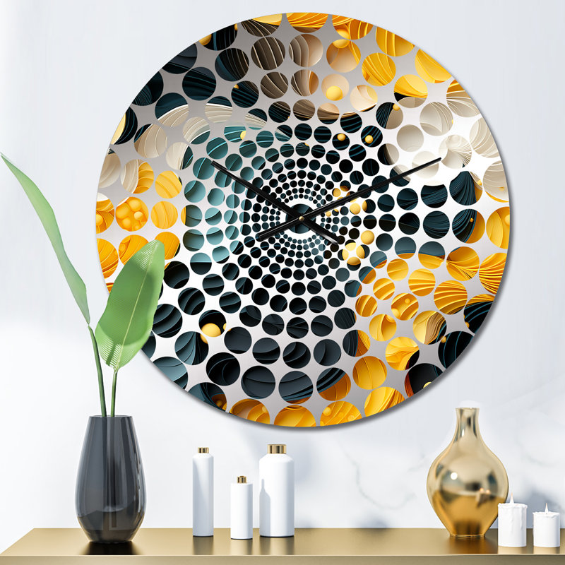 Horloge murale abstraite jaune et noir Mid-Century Waves Fusion, Médium