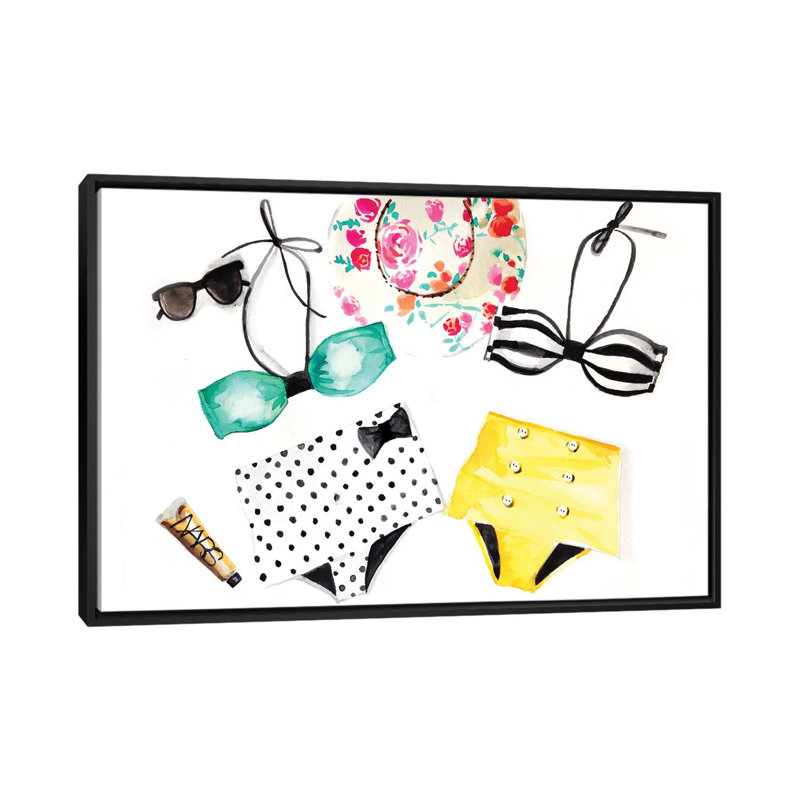 Summer Bikinis, peinture sur toile tendue, H 18 po x l 26 po x P 1,5 po, Toile encadrée noire, Pas de tapis