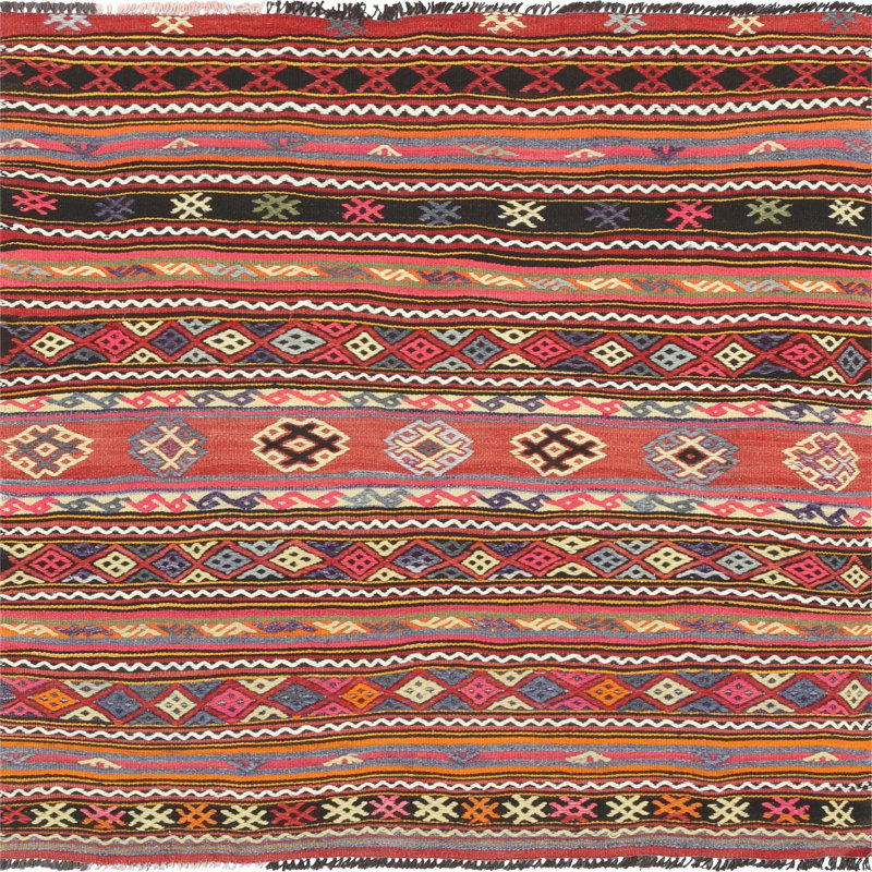 Tapis carré carré en laine noué à la main de style années 1960 de 4 pi 2 po x 4 pi 3 po rouge / bleu / noir / blanc