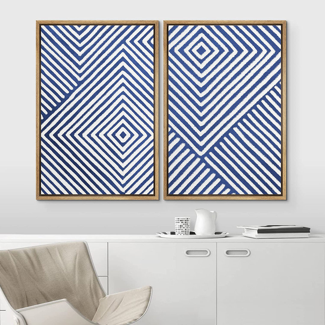 3D Illusion Effect Blue And White Geometric Modern Pictures Framed Canvas 2 Pieces Print Wall Art IDEA4WALL Frame 