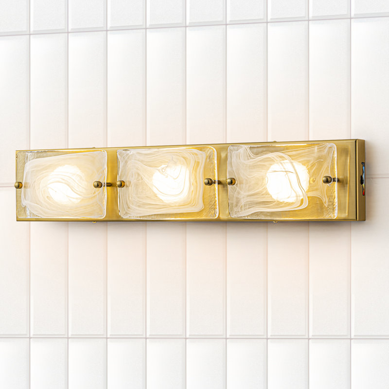 Éclairage à DEL à intensité variable avec abat-jour en verre nuageux, Or, H 4,3 po x l 22,05 po x P 6,3 po, 3 lumières