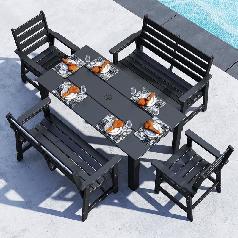 HDPE Outdoor-Dining-Table-Set, Black, 5 Pieces: Table, 2 Chairs, 2 Benches