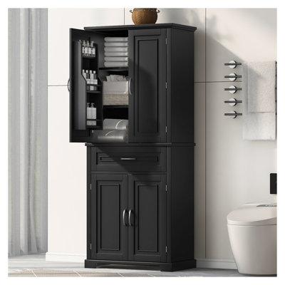Armoire de rangement noire pour salle de bain avec portes et tiroir, tablette réglable, armoire en panneau de fibres à densité moyenne imperméable pour l'organisation de la salle de bain