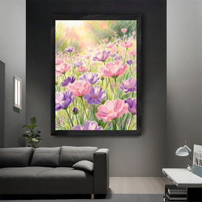 Décoration murale de luxe avec cadre en bois noir, fleurs roses et mauves, œuvre d'art tendue dans un cadre noir, cadeau unique pour les amis et la famille