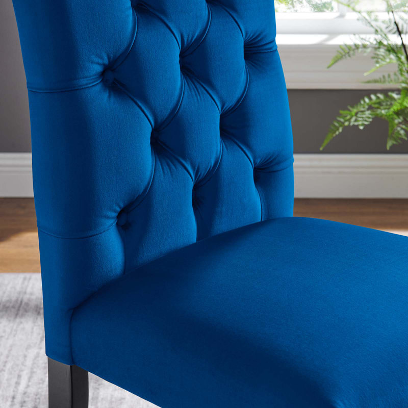 Elegant Navy Velvet Upholstered Dining Side Chair with Wooden Legs