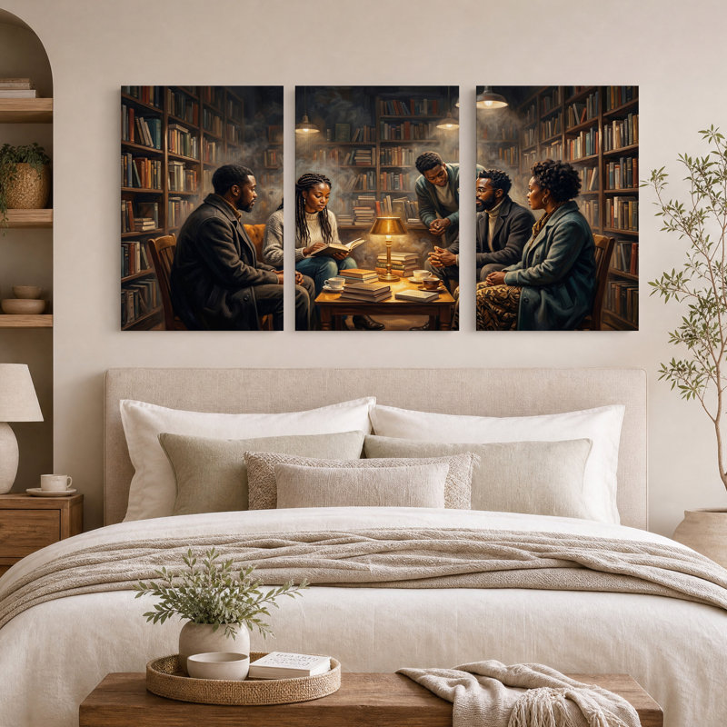 Group of People Reading in Library Set Of 3 Canvas Wall Art, 24"H x 16"W x 3pcs