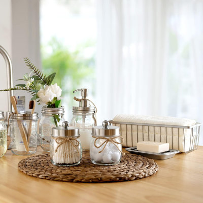 Ensemble d'accessoires de salle de bain 6 pièces Mason Jars - Porte-brosse à dents, Distributeur de savon, Porte-coton-tige, Porte-savon, Rangement pour papier métallique, Décoration de ferme