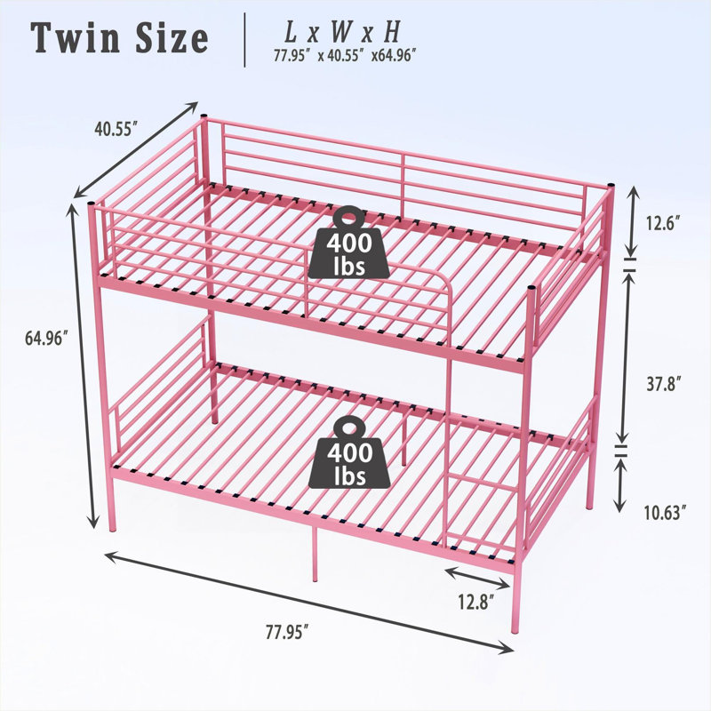 Lit plateforme superposé pour petite chambre à coucher, lit simple au-dessus d'un lit simple, structure en métal rosé avec garde-corps et échelle
