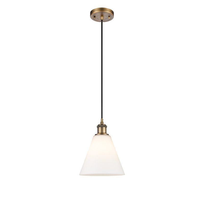 Luminaire suspendu conique à 1 lumière Halyn, H 11,75 po x l 8 po x P 8 po, Blanc, Laiton brossé