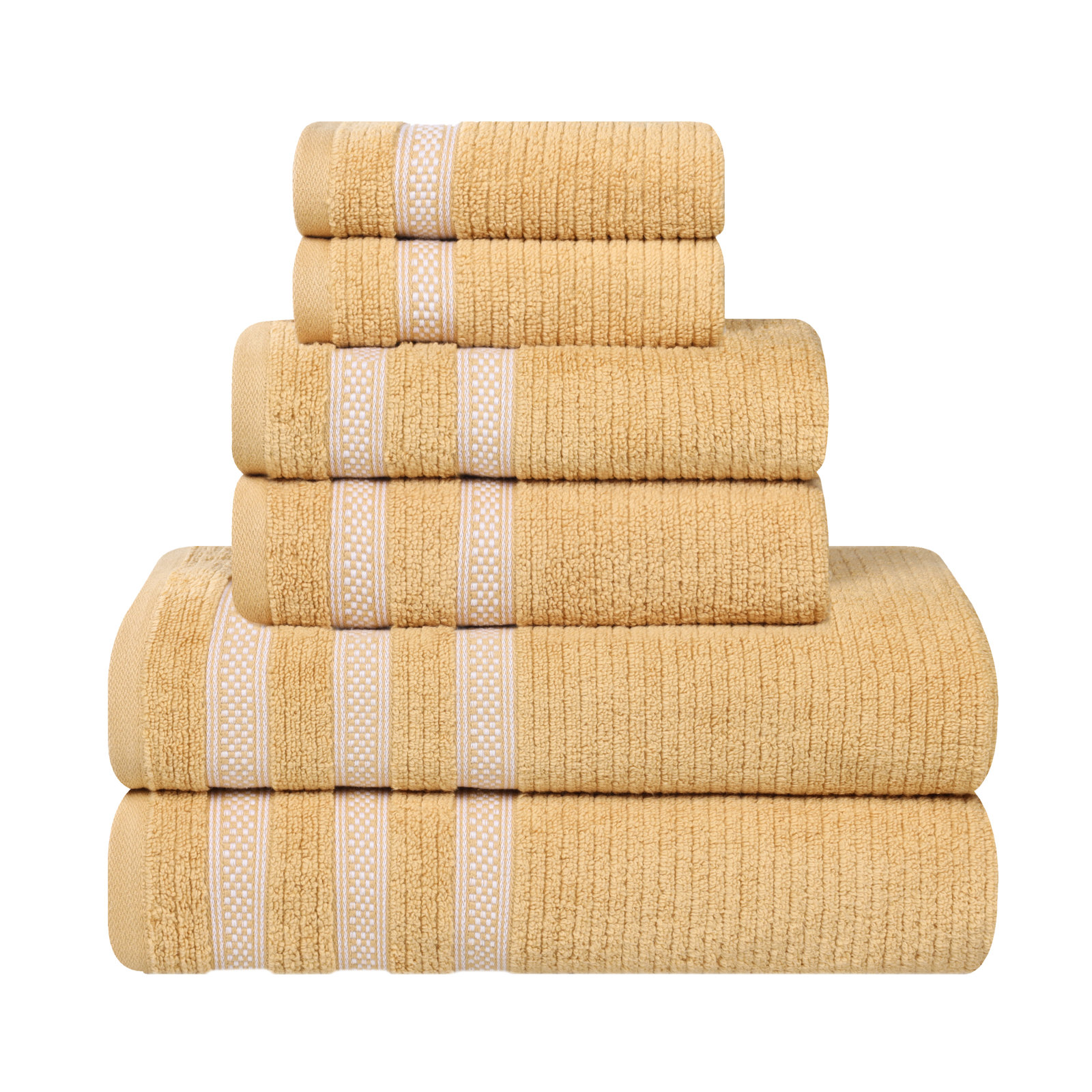Ilseruth Zero Twist Cotton Ribbed Modern Geometric Border Soft 6 Piece Bathroom Towel Set, Gold