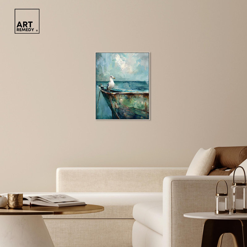Seagull and Boat Coastal Canvas Art with Silver Frame