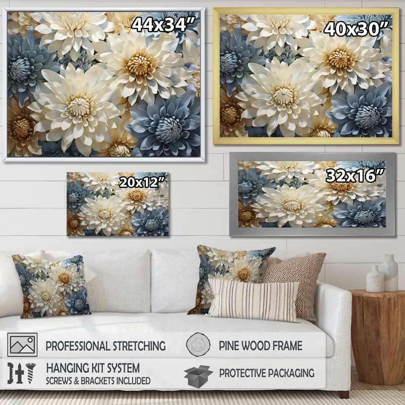 «Chrysanthemums White Blue Mosaic Garden», reproduction sur toile, H 30 po x l 40 po x P 1,5 po, Cadre flottant blanc