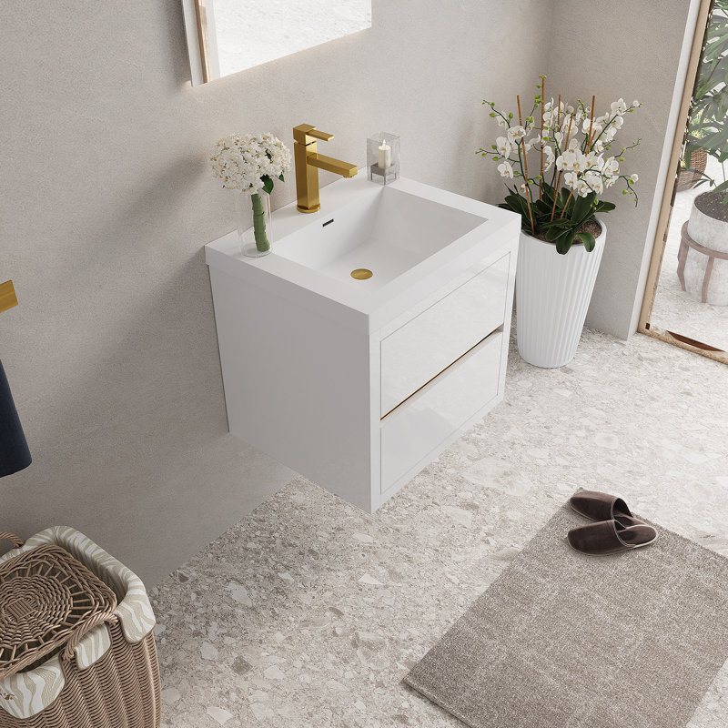 Meuble-lavabo mural avec lavabo, armoire de rangement flottante pour la salle de bain, comptoir en résine de pierre et tiroirs à fermeture en douceur pour une fonctionnalité améliorée