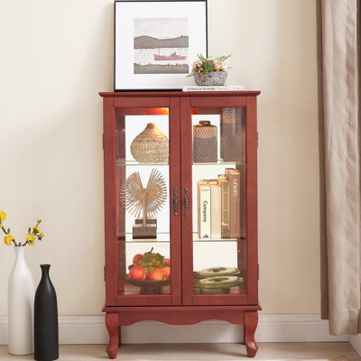 2 Doors Curio Cabinet With Tempered Glass Doors, Mirrored Back Panel