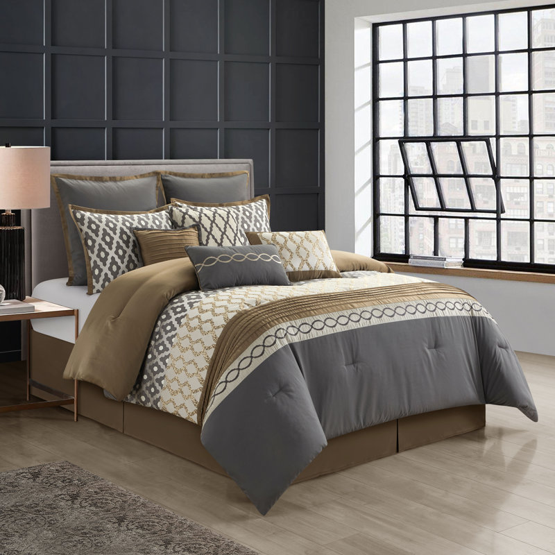 Gray and Taupe Geometric Queen Microfiber Comforter Set