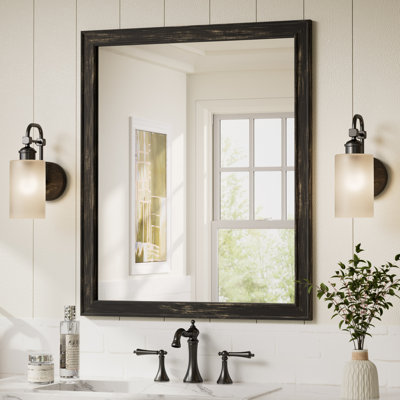 Rectangle Wall Mirror Bathroom Vanity Mirror with Solid Wood Frame, Tempered Glass