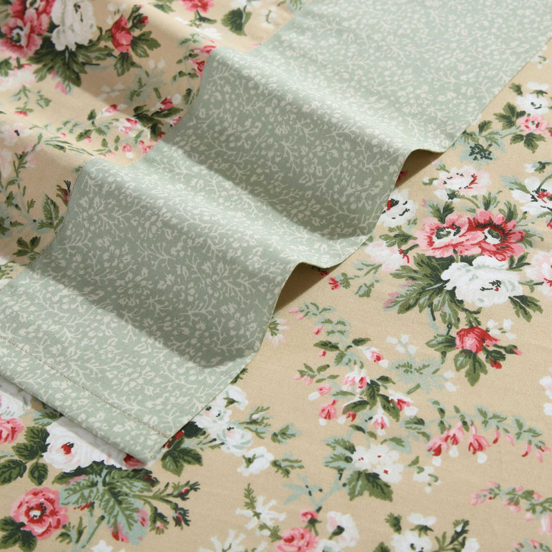 Laura Ashley Kate Cotton Printed Hem Blue Full Sheet Set, Queen Sheet Set with 2 Pillowcases, Brown Floral