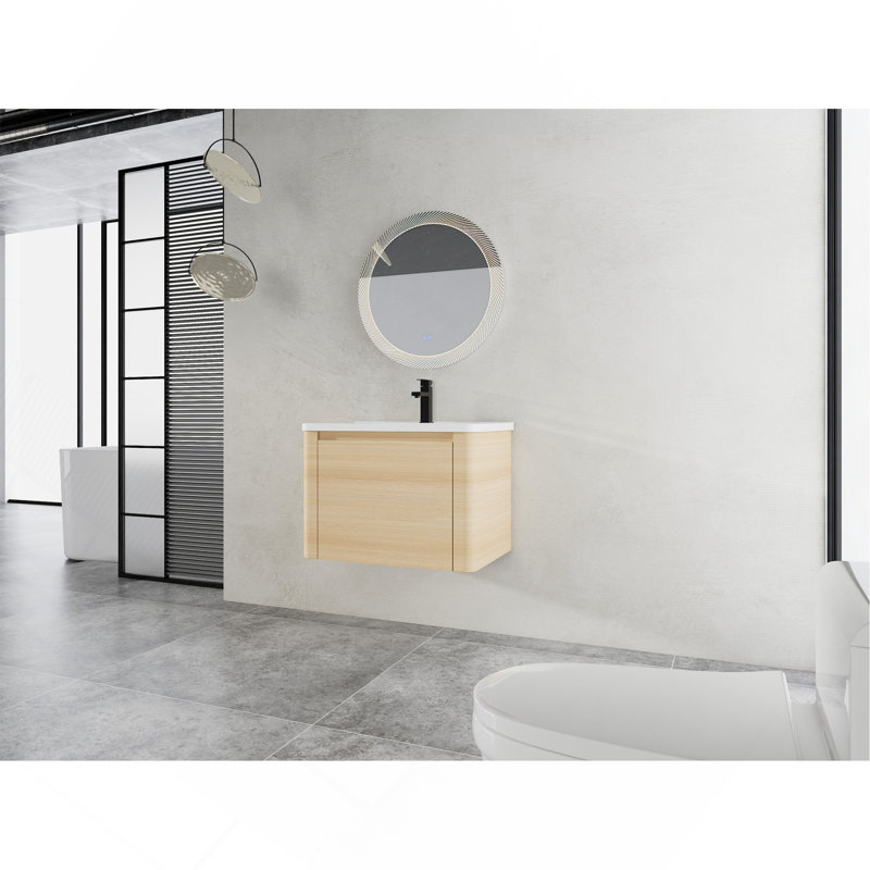 Ensemble de meuble-lavabo mural 28 po avec lavabo en céramique blanche et 1 porte à fermeture en douceur, contreplaqué, chêne blanc