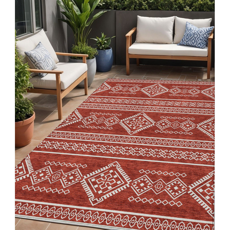 Tapis intérieur et extérieur lavable 5 pi x 8 pi rouge et ivoire Southwestern