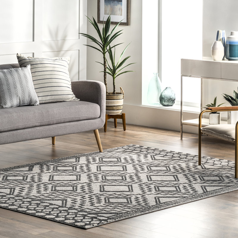 Tapis marocain Akihisa pour le salon, la chambre et la salle à manger, gris / ivoire, Rectangle 5 pi x 8 pi