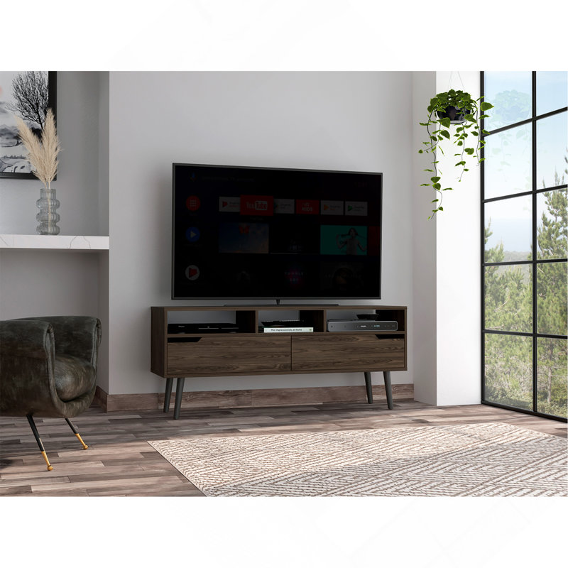 Nouveau meuble télé 2 tiroirs à 3 tablettes en noyer foncé, parfait pour le divertissement organisé et l'esthétique moderne.