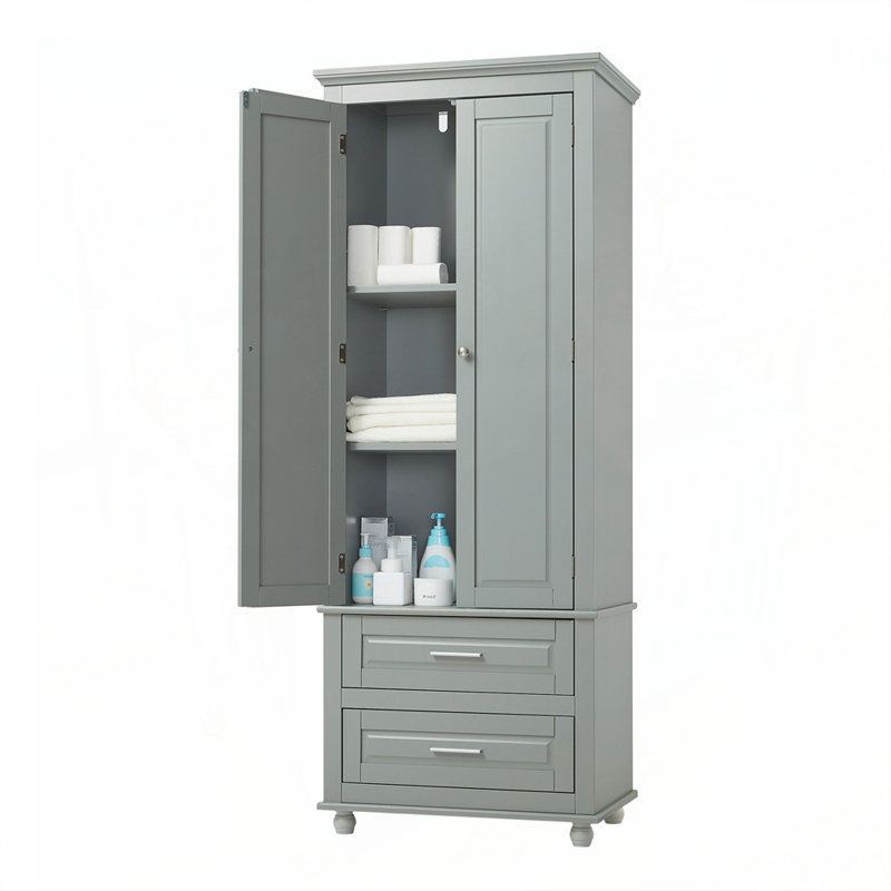 Tall Storage Cabinet with Two Drawers for Bathroom, Waterproof and Durable with Adjustable Shelves, Gray