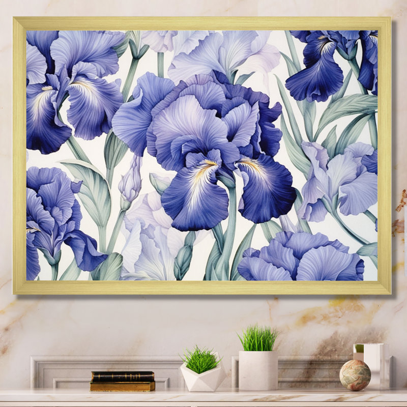 «Mauve vert iris et impressions de fleurs III» sur toile, H 34 po x l 44 po x P 1 po, Encadrement doré