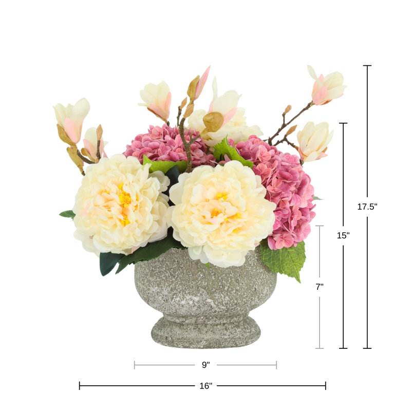 Peonies and Hydrangeas Arranged in a Stone Pot with Butterfly Magnolias