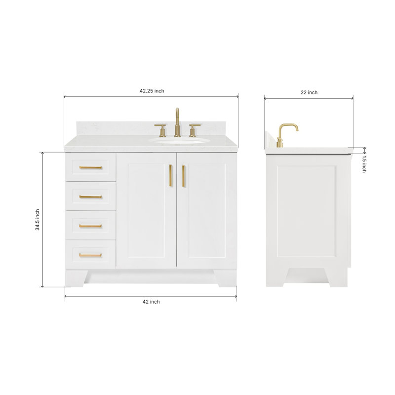 ARIEL Taylor 42.25 Single Sink Bathroom Vanity with Man-Made Stone Top-Oval, White, Right , Oval
