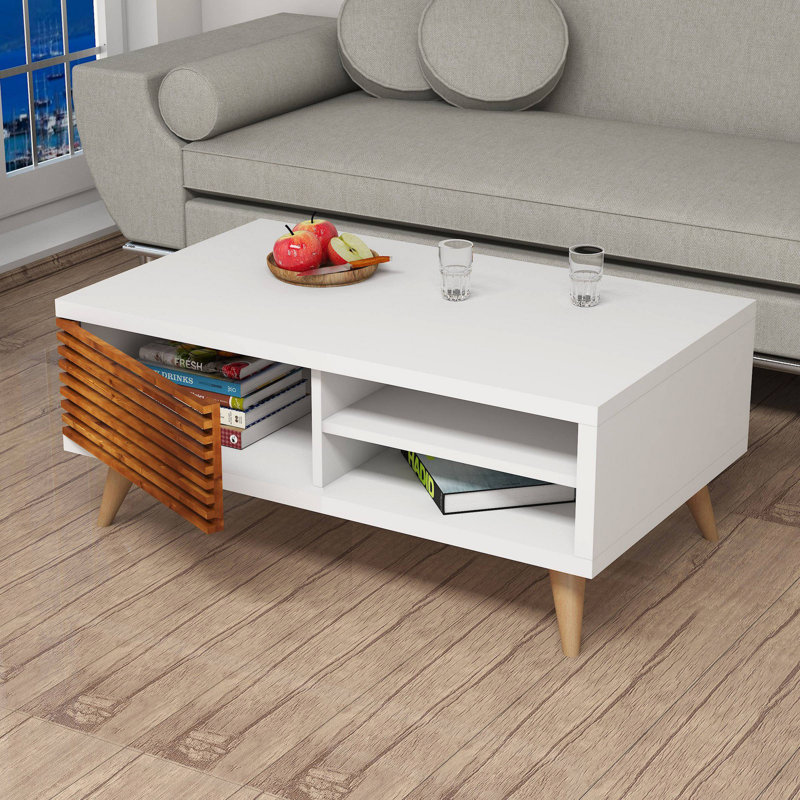 Modern 2-Tier Coffee Table, Walnut & White, 39.4 x 16.5 x 23.6 Inches | 100% Melamine Coated Particle Board, Solid Wood Door, Extra Storage | Scandinavian Design, Stylish & Functional for Living Room