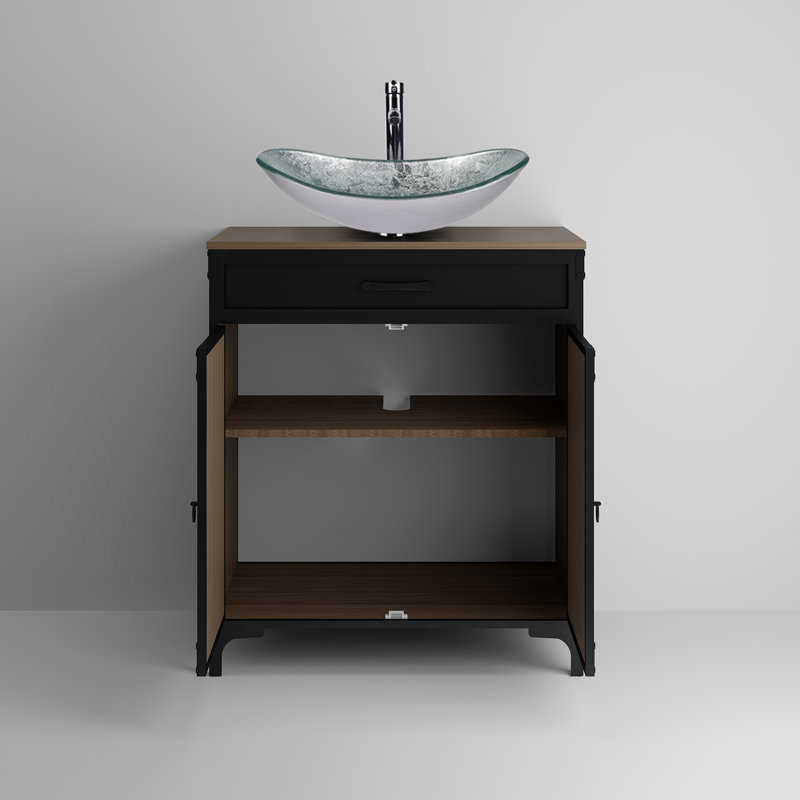 Meuble-lavabo sur pied simple 30 po avec comptoir en bois manufacturé avec lavabo et robinet, Argent argent, Argent argent