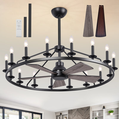 41" Wagon Wheel Chandelier with Fan