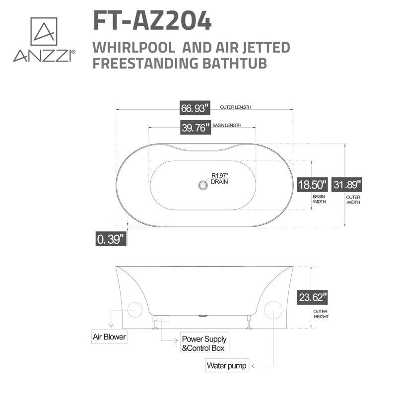 ANZZI Julia Series 67 In. Freestanding Acrylic Air And Whirlpool Bathtub With Touch Sensative Control And Chroma Lights