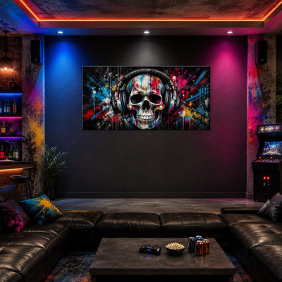 Tête de mort, art mural sur toile avec tête de mort Graffiti, œuvre d'art de musique punk noir, bleu, rouge et blanc