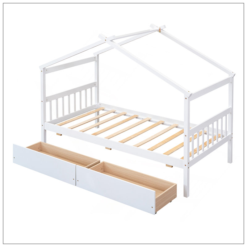 Lit en bois avec tiroirs, Blanc