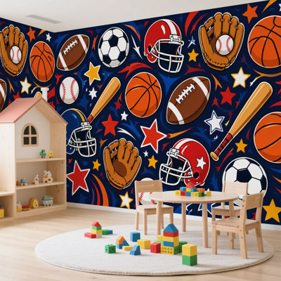 Papier peint adhésif pour chambre d'enfants, équipement de sport, football, baseball, basketball, soccer, gants, art mural, adhésif et amovible