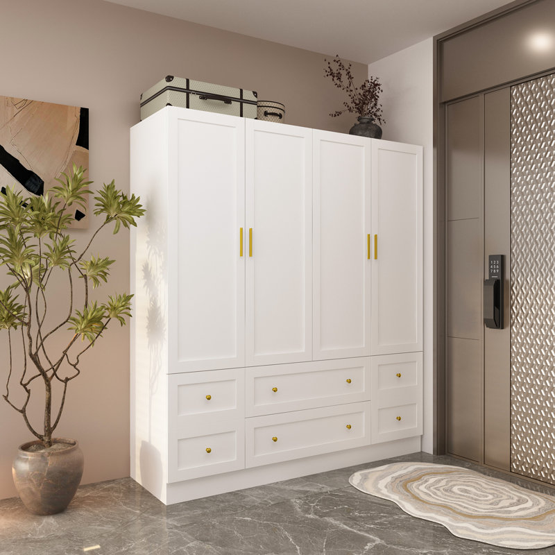 Armoire spacieuse et moderne à 4 portes avec 4 tiroirs, tringles à vêtements et poignées dorées - parfaite pour l'organisation de la chambre à coucher et le rangement