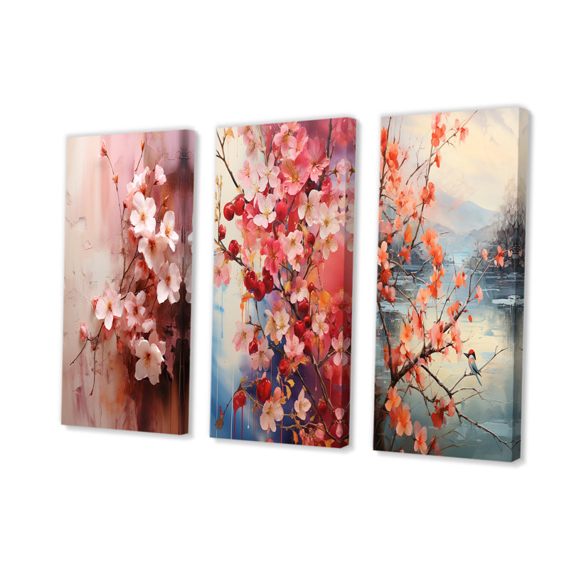 Été rose cerisier Blossums I - ensemble de salon art mural cerisier en fleurs, H 28 po x l 36 po, Toile tendue