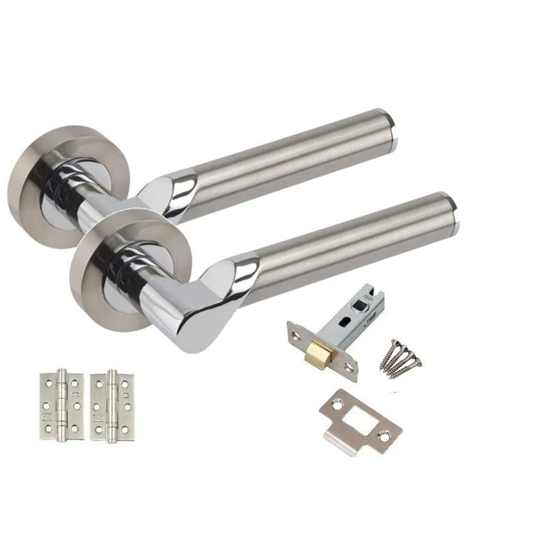  1 Set Titan Design Modern Bathroom Door Handles Lever Latch on Round Rose in Polished Chrome Finish with Pair of Ball Bearing Hinges