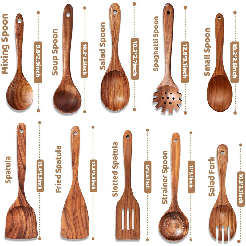 Ensemble d'ustensiles de cuisine 10 pièces, ensemble d'ustensiles de cuisine en bois avec crochets