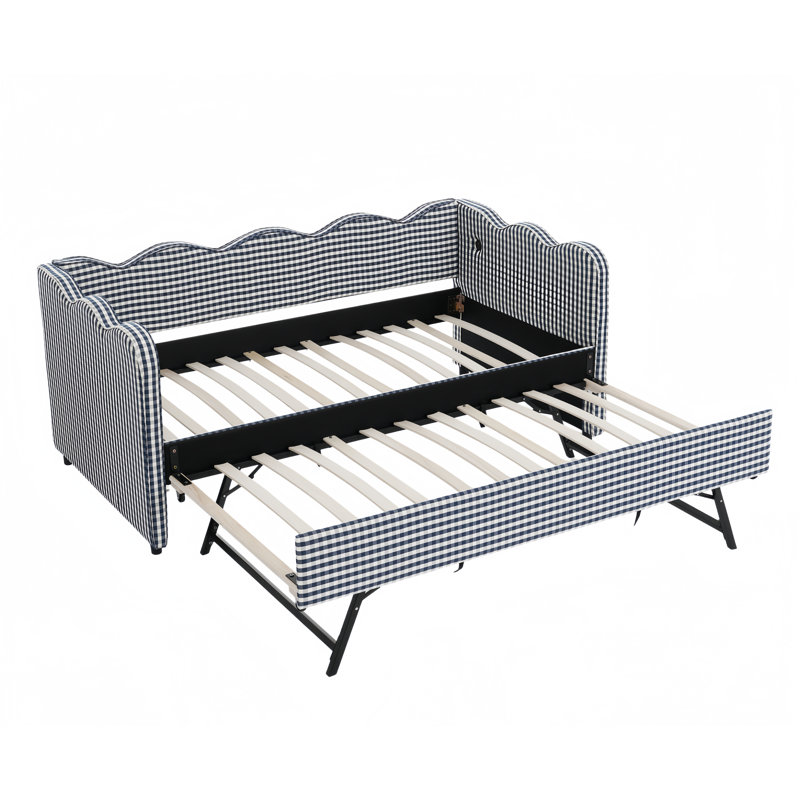 Lit de jour simple adorable en forme de vague en tissu de lin Vichy douillet ， avec port USB gigogne ， Aucun sommier nécessaire