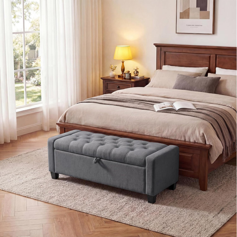 Banc de rangement avec repose-pieds 50 po, charnière capitonnée à fermeture lente, banc de lit grande capacité, gris, Gris
