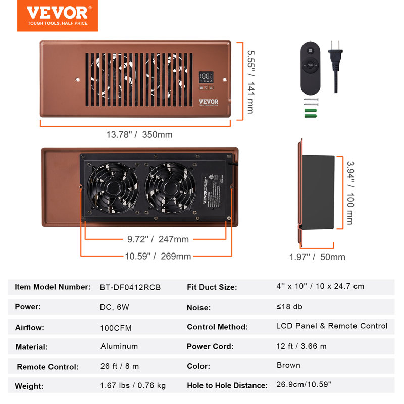 VEVOR VEVOR Quiet Register Booster Fan White Oscillating Wall Mounted Fan Fan with Remote Included, Brown