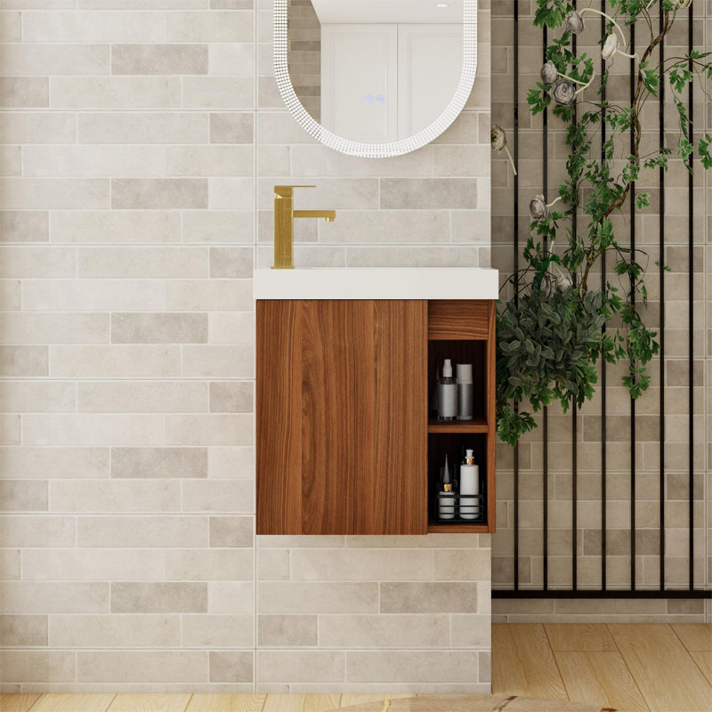 Meuble-lavabo simple 19,7 po avec plateau en résine Skyelar, Blanc, Noyer