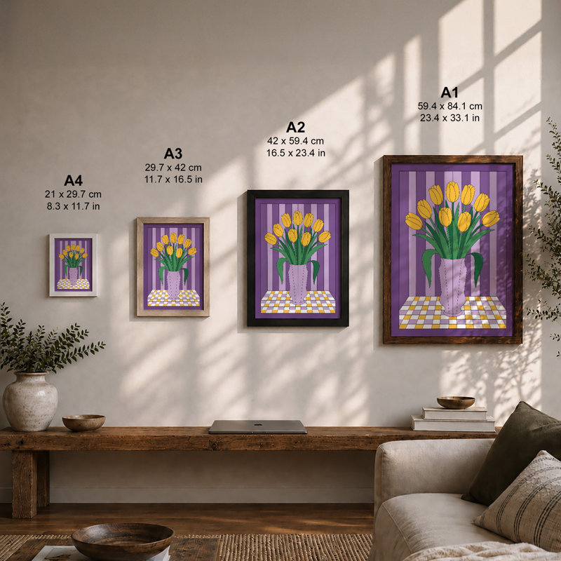 Yellow Tulips In Purple Modern - Print, Oak, A4 - 29.7 x 21.0 cm