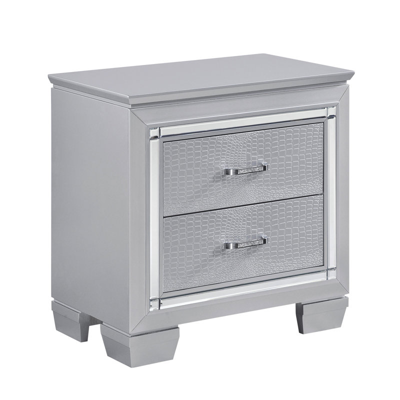 Table de chevet Glamour avec lueur argentée et 2 tiroirs Grace, Argent argent