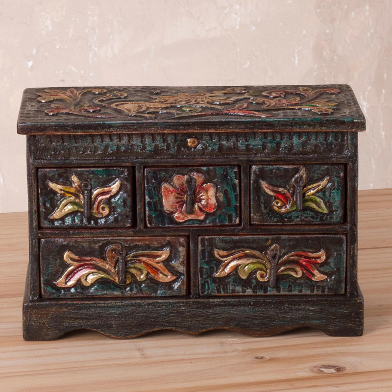 Boîte à bijoux en bois et cuir vintage faite à la main